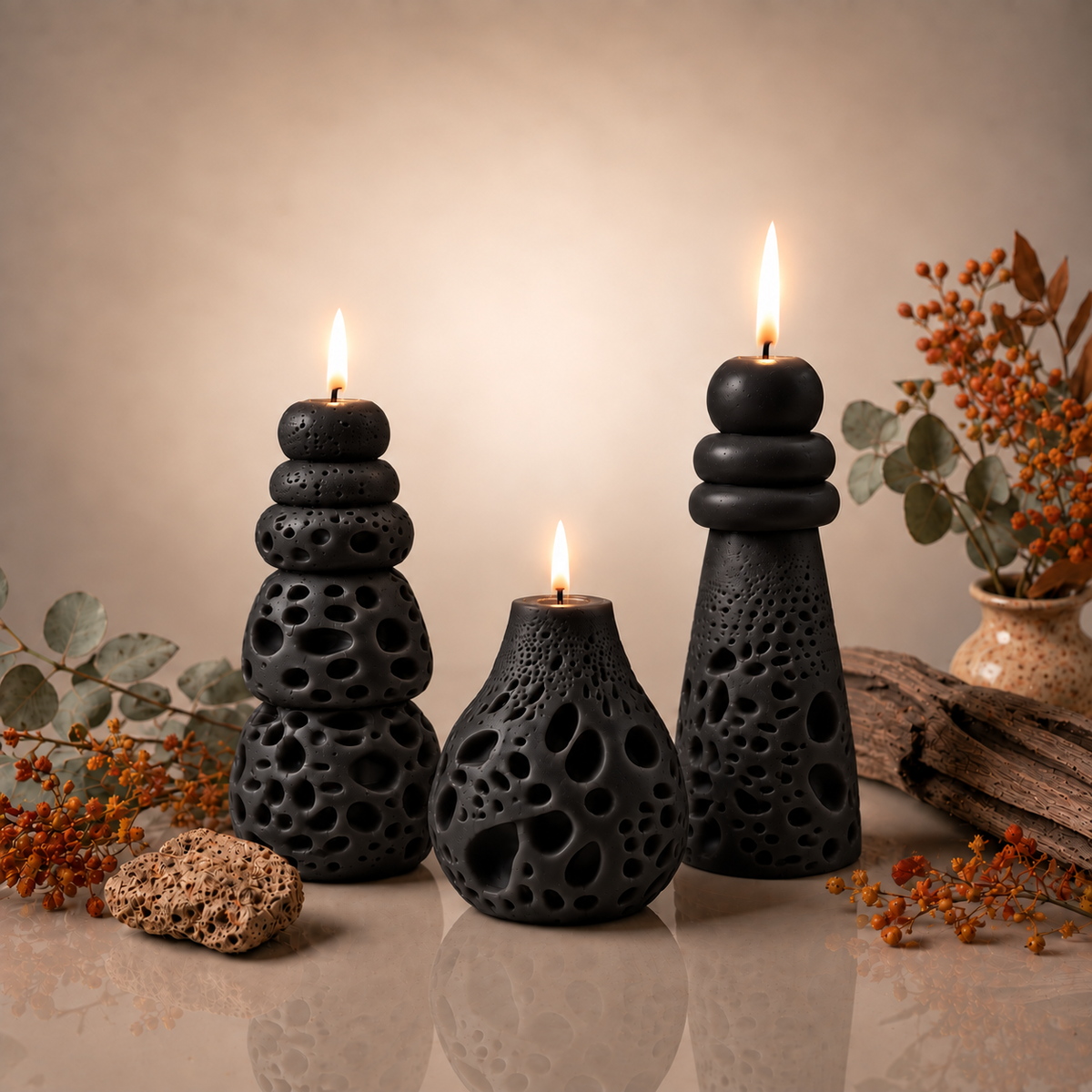 Obsidian Trio — Sculptural Candle Set